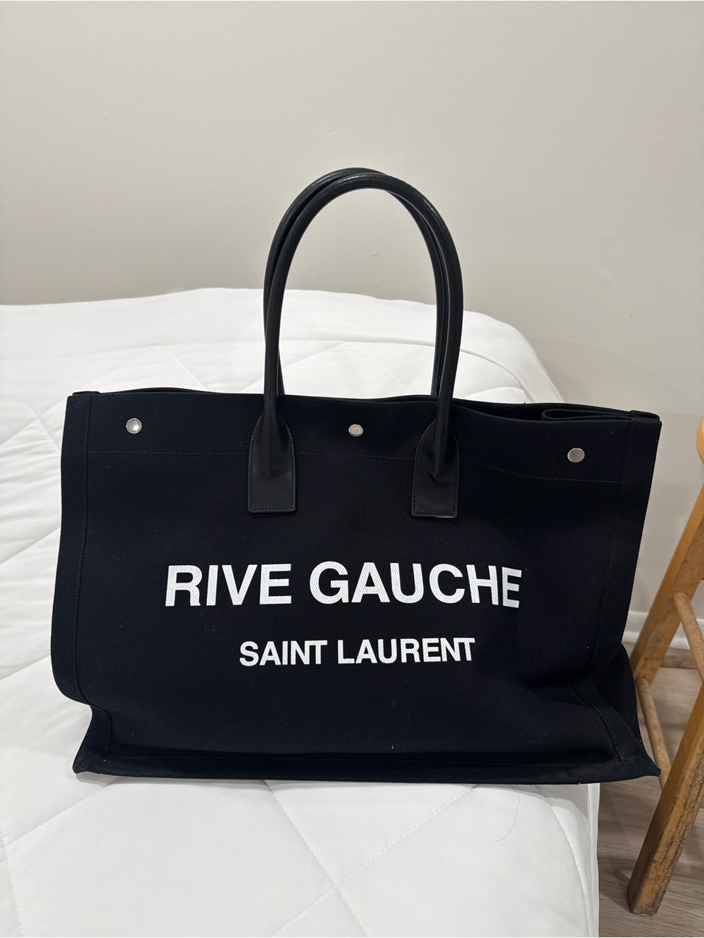 Saint Laurent Black Rive Gauche Canvas Tote with White Logo